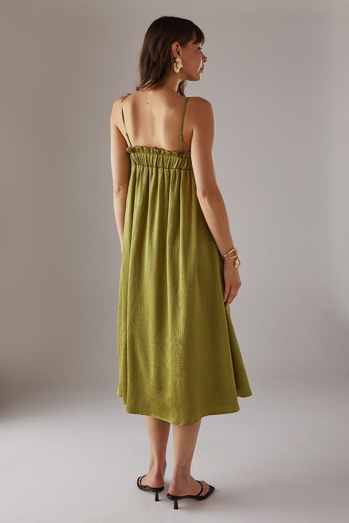 Warehouse Warehouse Women's Crushed Satin Strappy Midi Dress in Olive - 3