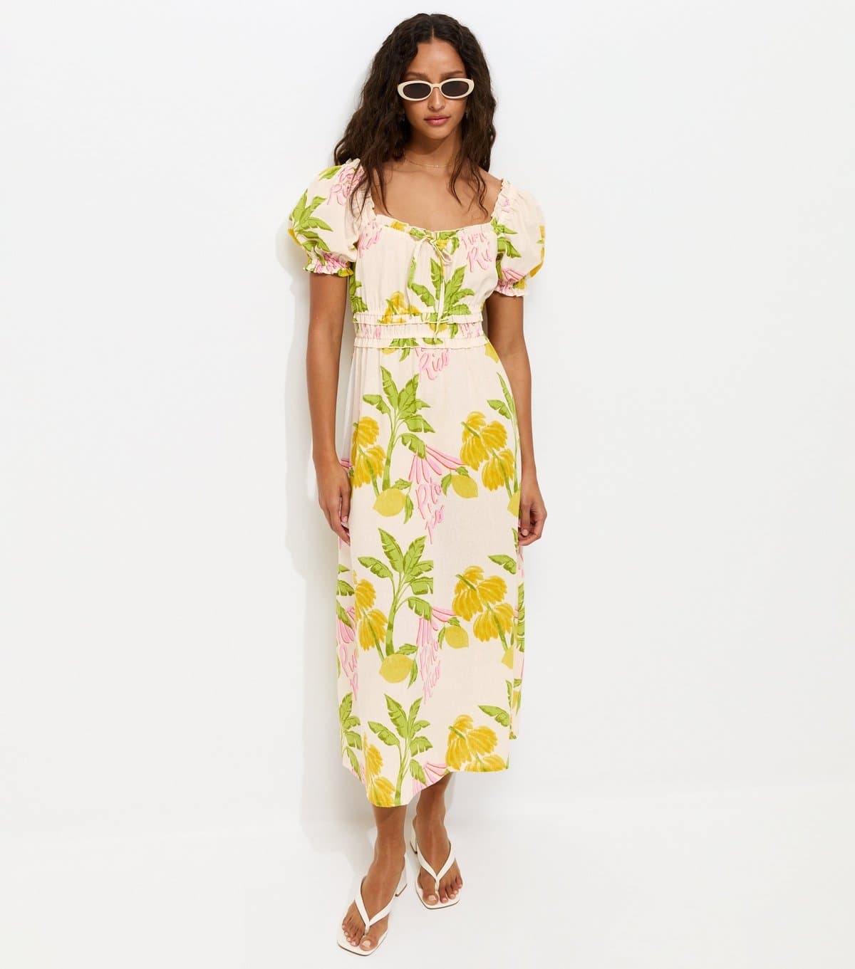 New Look Women's Cream Tropical Print Shirred Milkmaid Midi Dress New Look
