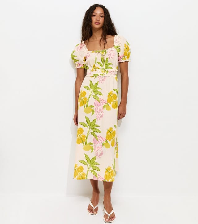 New Look Women's Cream Tropical Print Shirred Milkmaid Midi Dress New Look - 2