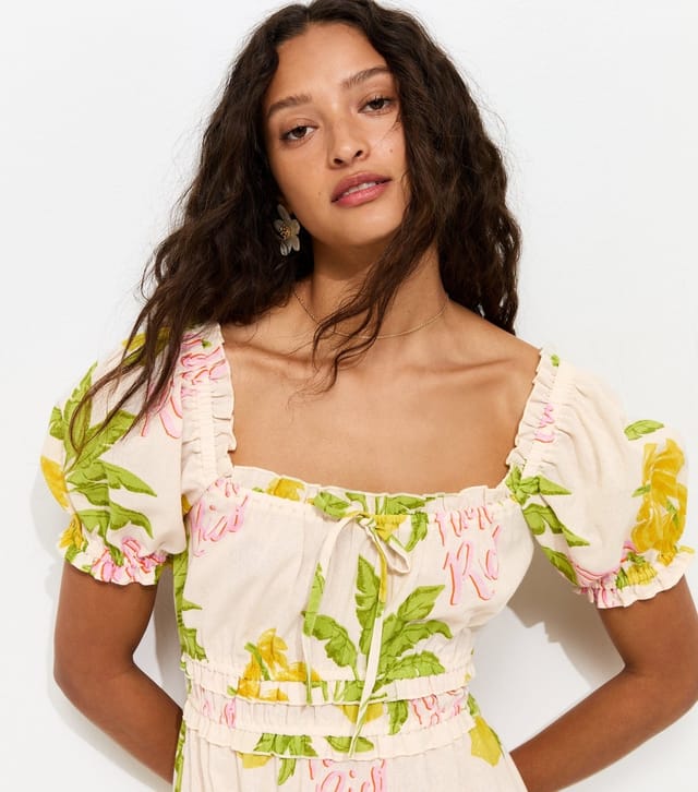 New Look Women's Cream Tropical Print Shirred Milkmaid Midi Dress New Look - 3