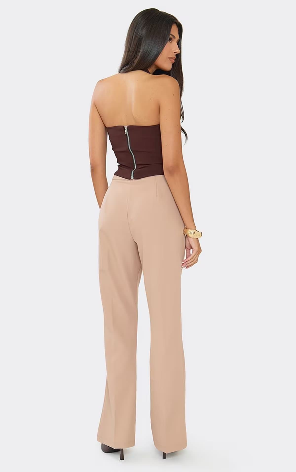 EGO High Waisted Soft Tailored Flared Trousers In Beige, Women's Size UK 6