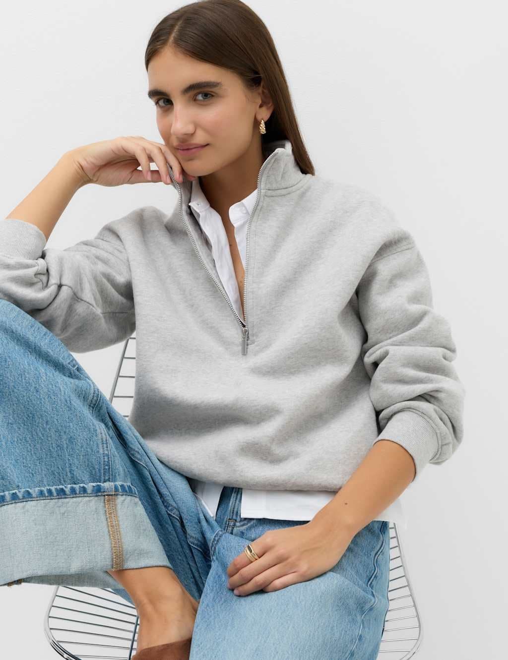 Marks & Spencer M&S Pure Cotton Funnel Neck Half Zip Ultimate Sweatshirt Grey