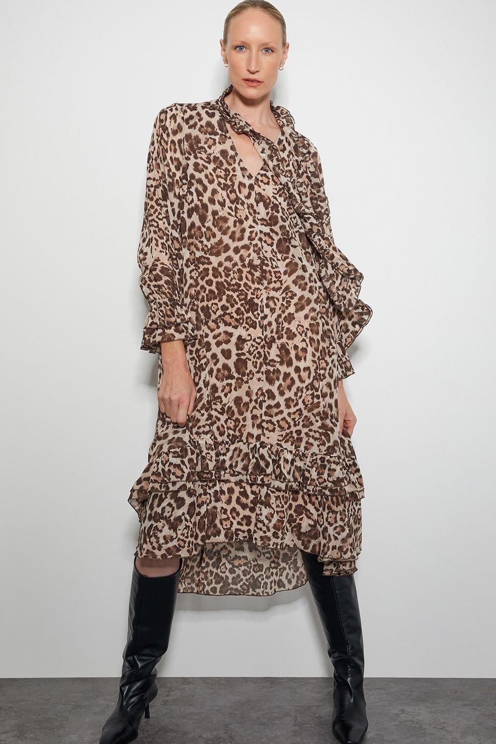 Monsoon Monsoon Women's Allegra Pussybow Leopard Print Midi Dress Brown