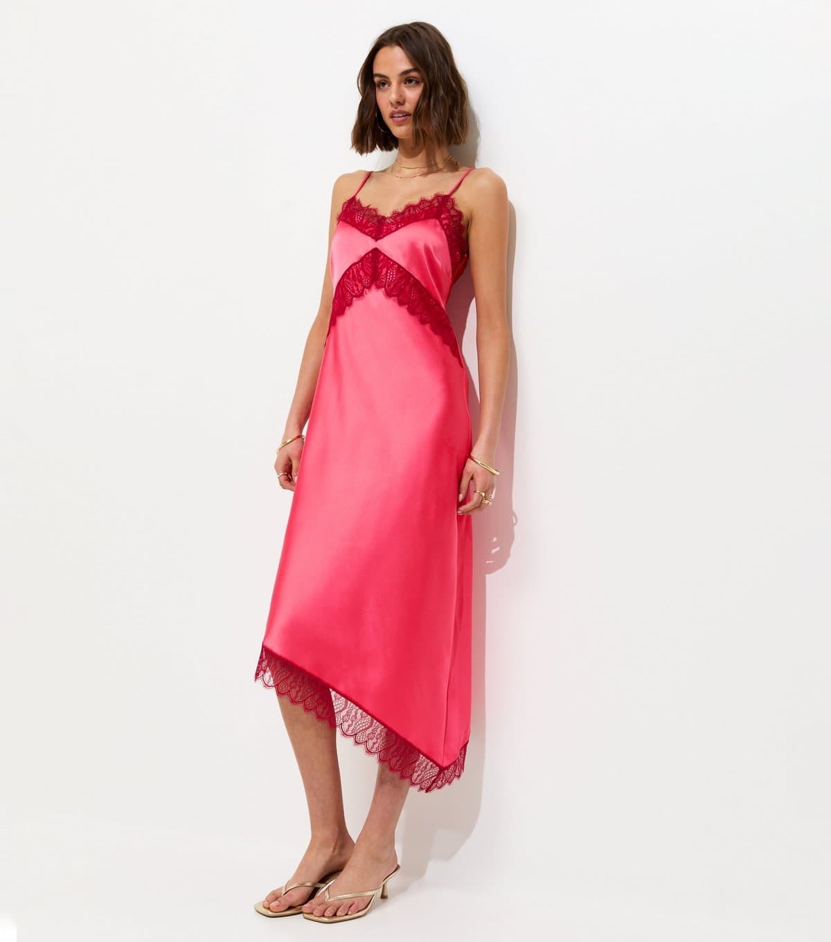 New Look Women's Bright Pink Satin Strappy Asymmetric Midi Dress New Look
