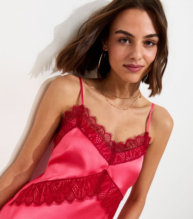 New Look Women's Bright Pink Satin Strappy Asymmetric Midi Dress New Look - 2