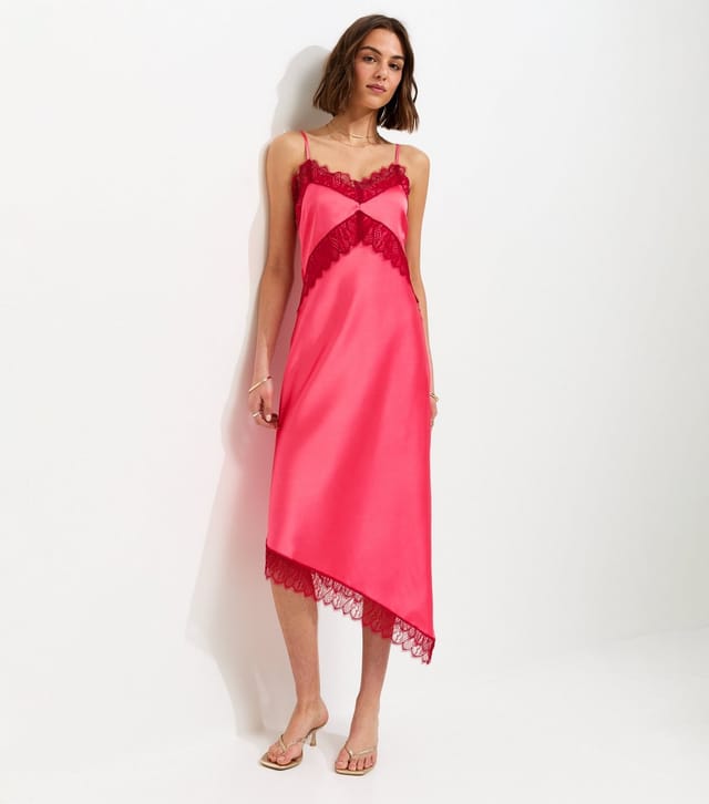 New Look Women's Bright Pink Satin Strappy Asymmetric Midi Dress New Look - 3