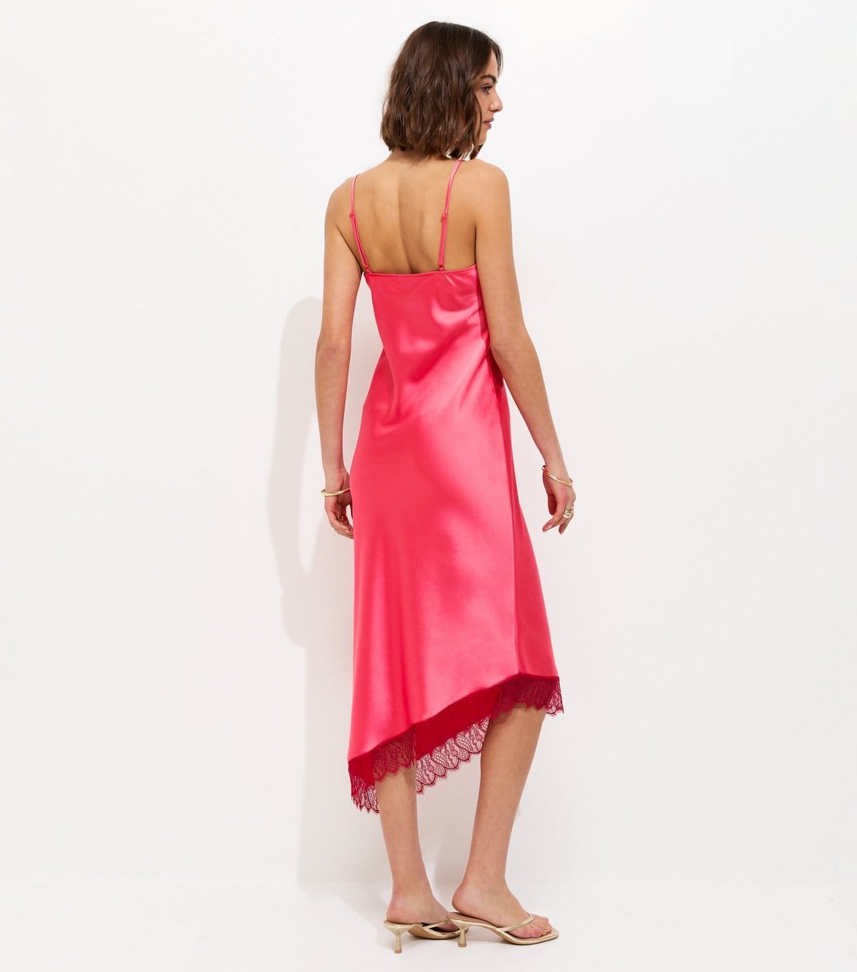 New Look Women's Bright Pink Satin Strappy Asymmetric Midi Dress New Look - 4