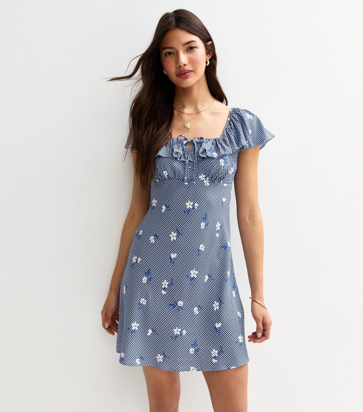 New Look Women's Blue Gingham Floral Print Mini Ruffle Dress New Look