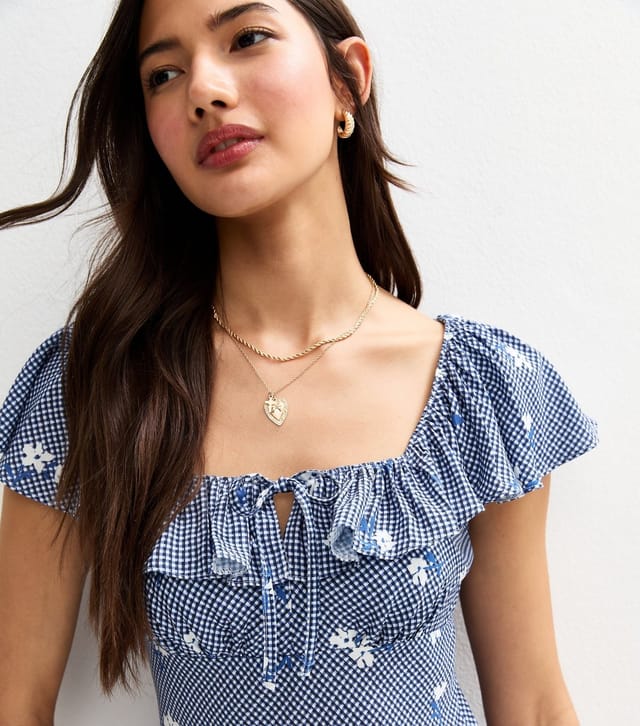 New Look Women's Blue Gingham Floral Print Mini Ruffle Dress New Look - 2