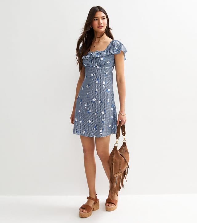 New Look Women's Blue Gingham Floral Print Mini Ruffle Dress New Look - 3