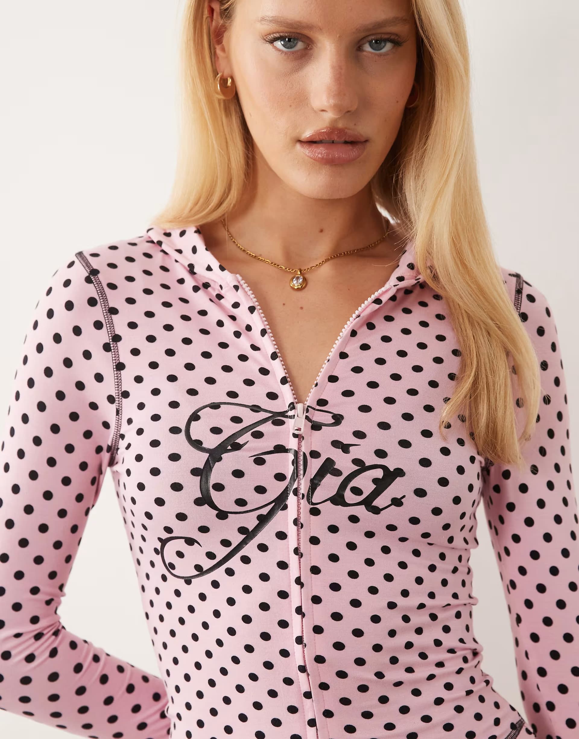 ASOS I.AM.GIA Blare logo contrast stitch zip through hoodie co-ord in pink and black polka dot
