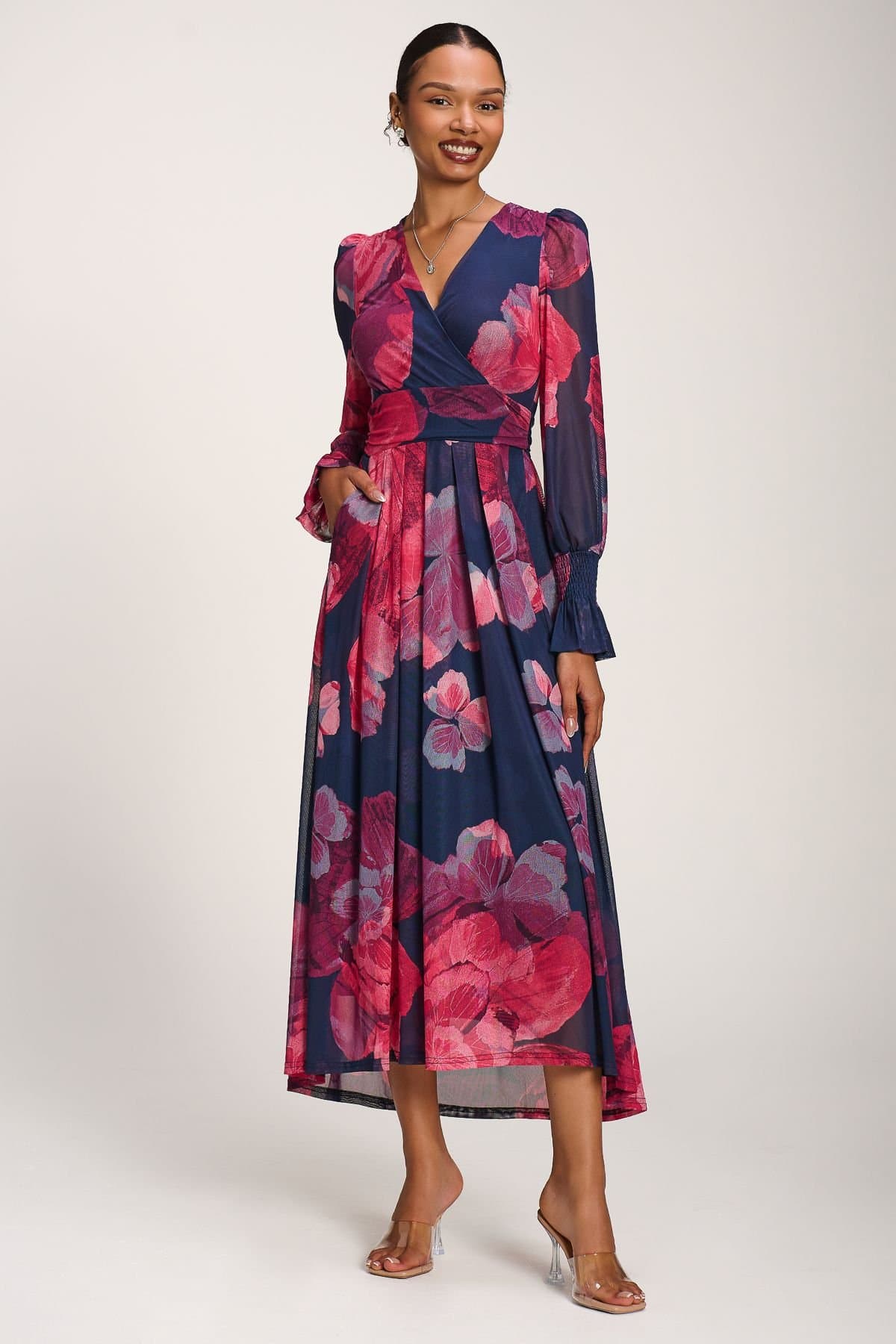 Jolie Moi Jolie Moi Women's Long Sleeve V Neck Mesh Maxi Dress