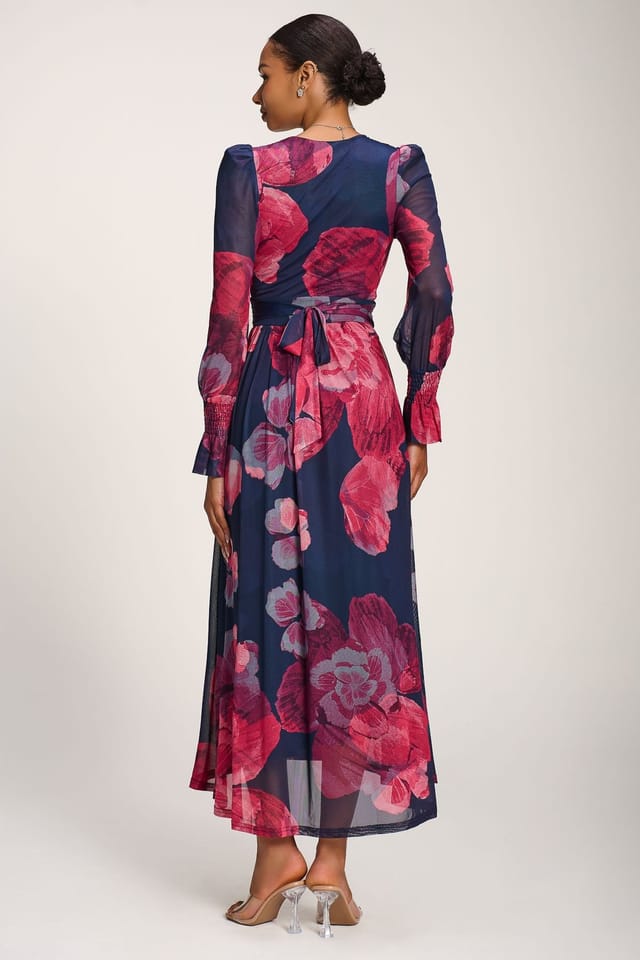 Jolie Moi Jolie Moi Women's Long Sleeve V Neck Mesh Maxi Dress - 2