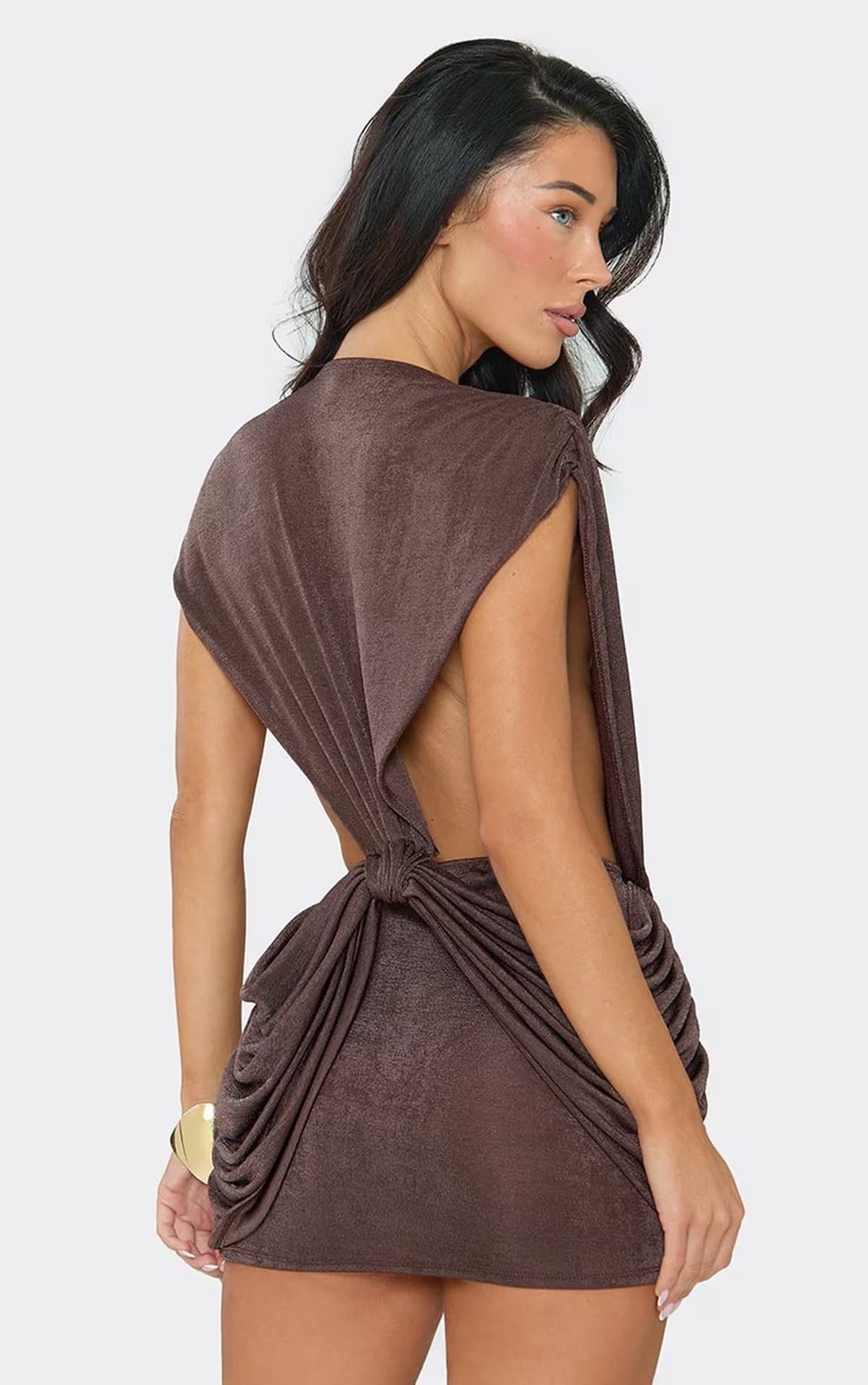 EGO Sleeveless Extreme Plunge Drape Front Mini Dress In Chocolate Brown, Women's Size UK 6