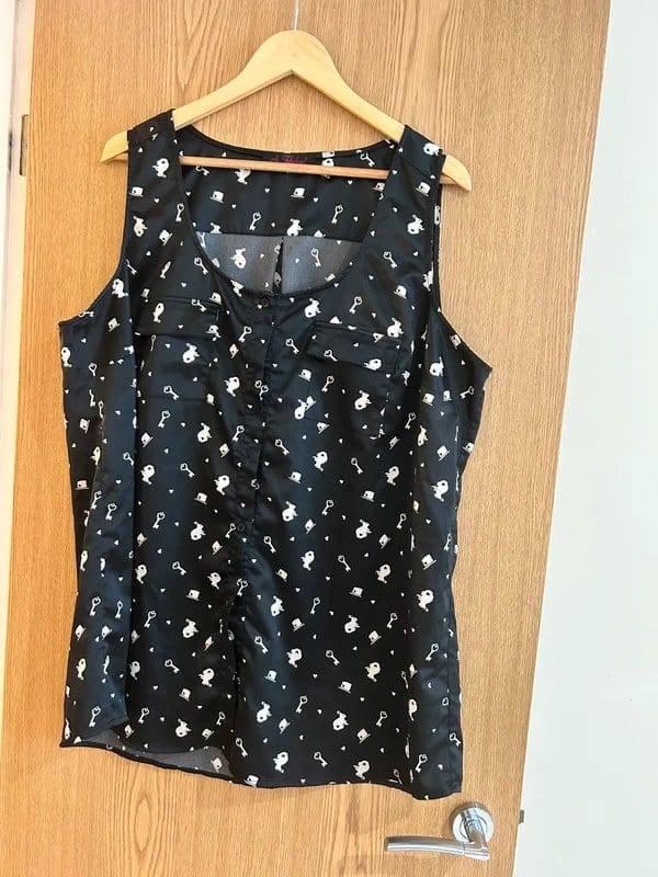 So Fabulous Black Satin Alice in Wonderland Vest Top - Size 22