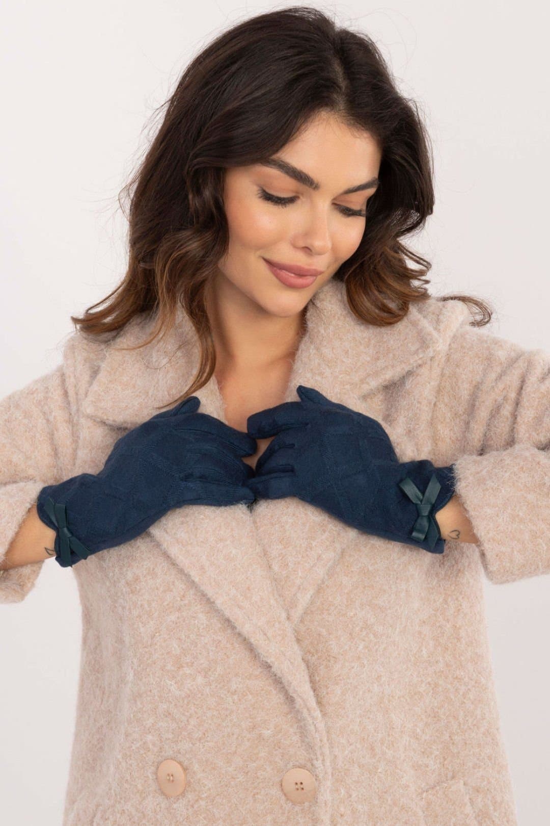 Love Lace Love Lace Women's Insulated Touchscreen Gloves with Bow Cuff & Flower Detail in Navy