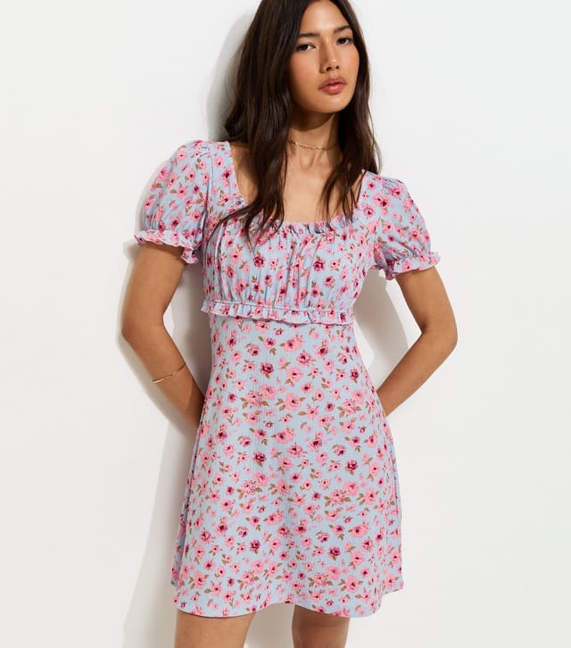 New Look Women's Blue Floral Print Crinkle Texture Mini Dress New Look - 2