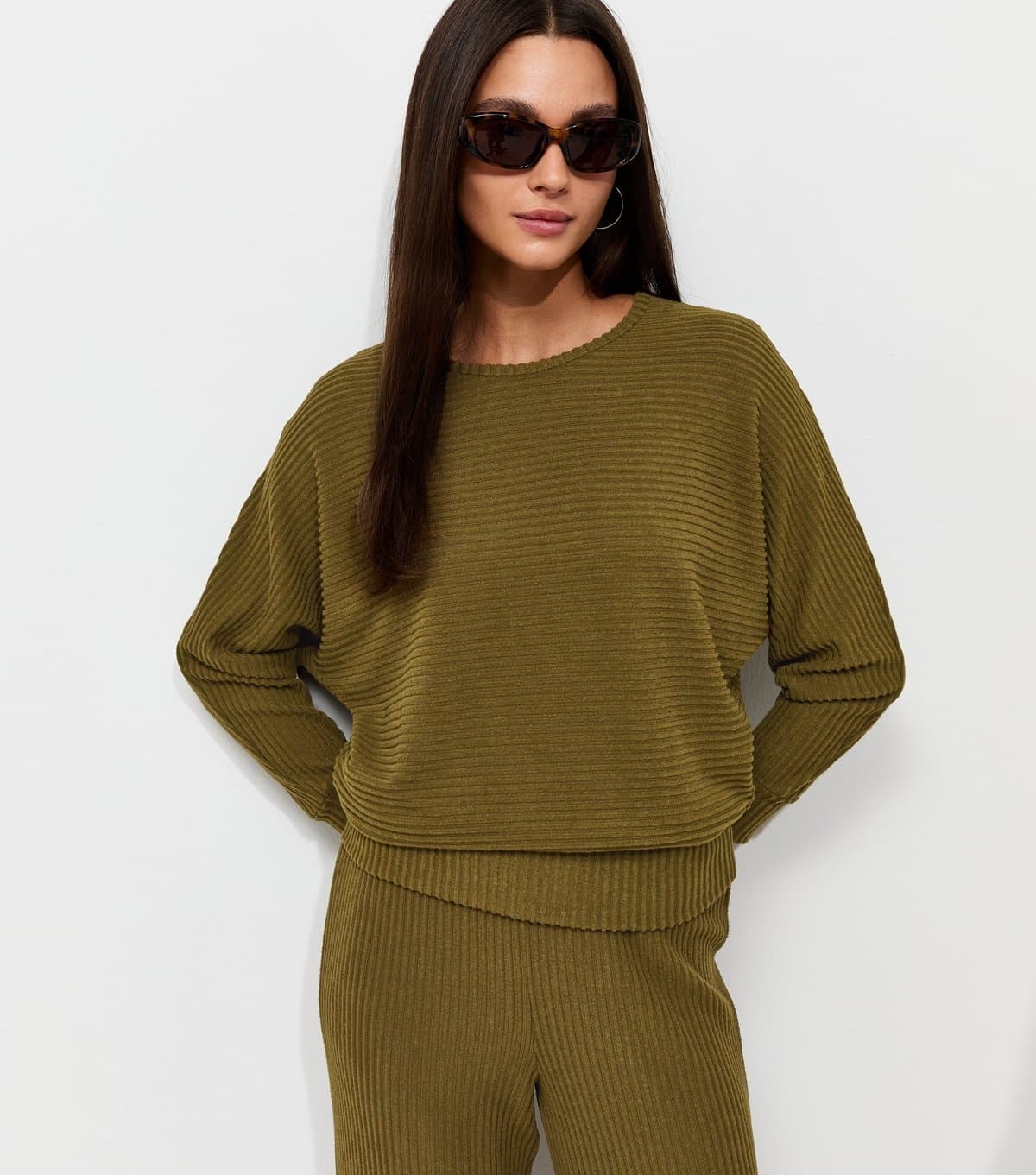 New Look Women's Dark Khaki Soft Touch Ribbed Batwing Sleeve Top New Look