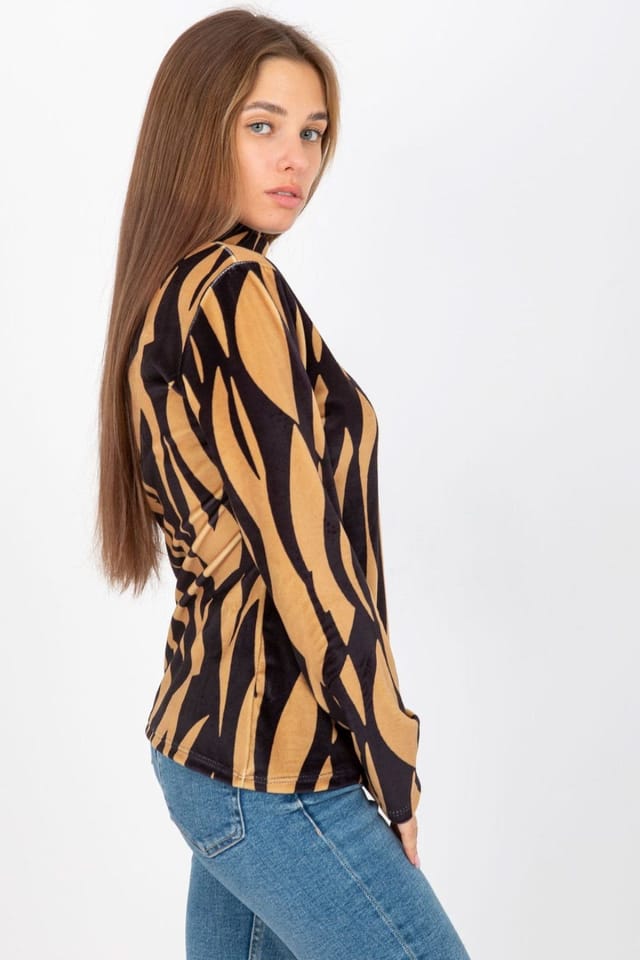 Love Lace Love Lace Women's Velour Long Sleeve Stand Collar Blouse in Brown - 2