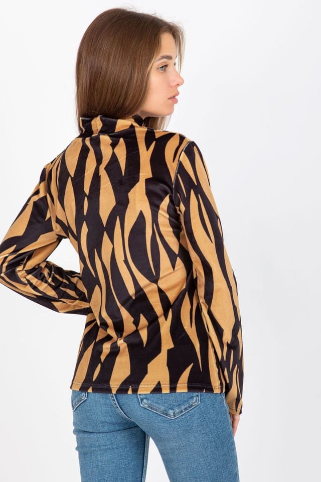 Love Lace Love Lace Women's Velour Long Sleeve Stand Collar Blouse in Brown - 3