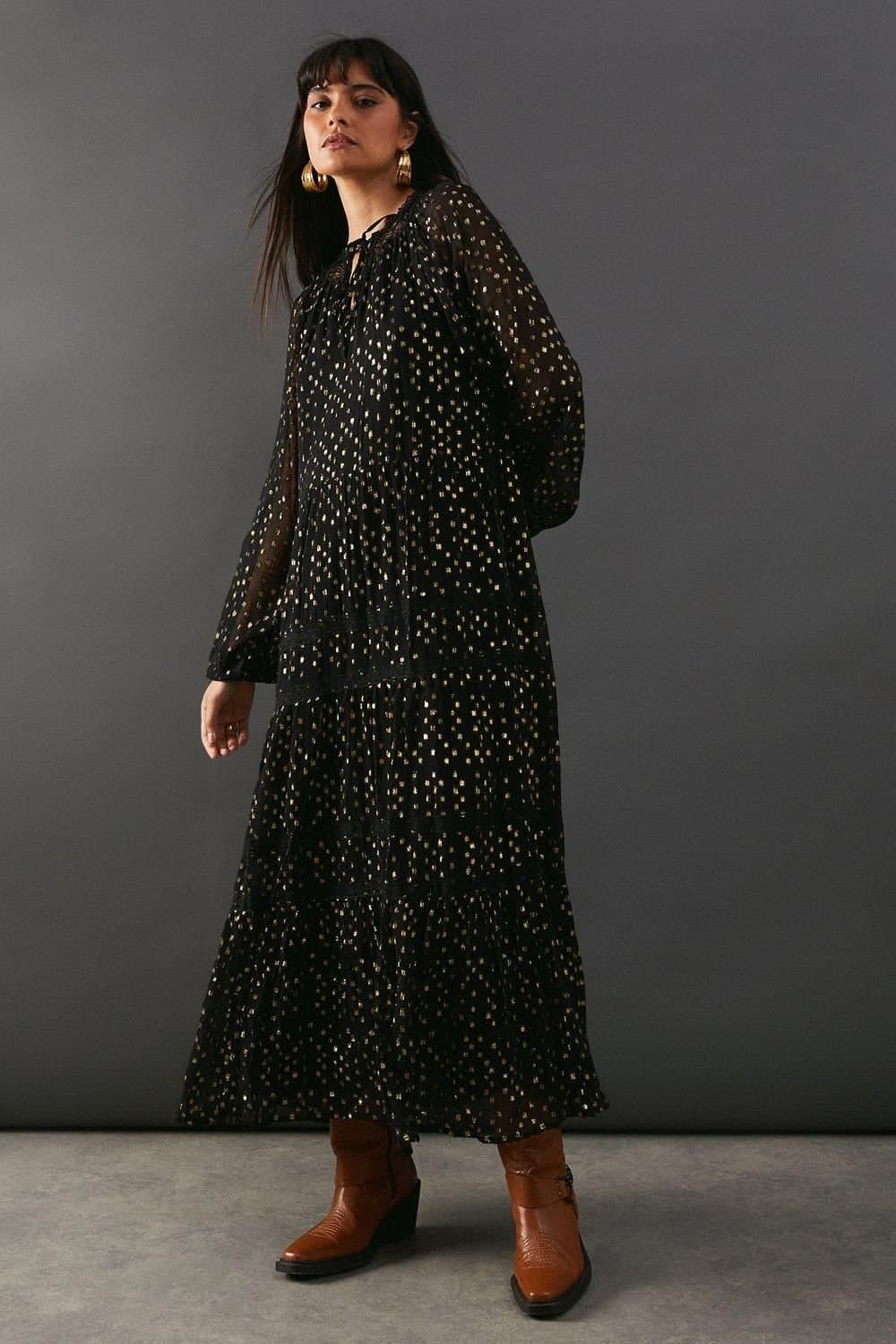 Warehouse Warehouse Women's Metallic Jacquard Dobby Lace Insert Midi Smock Dress in Black