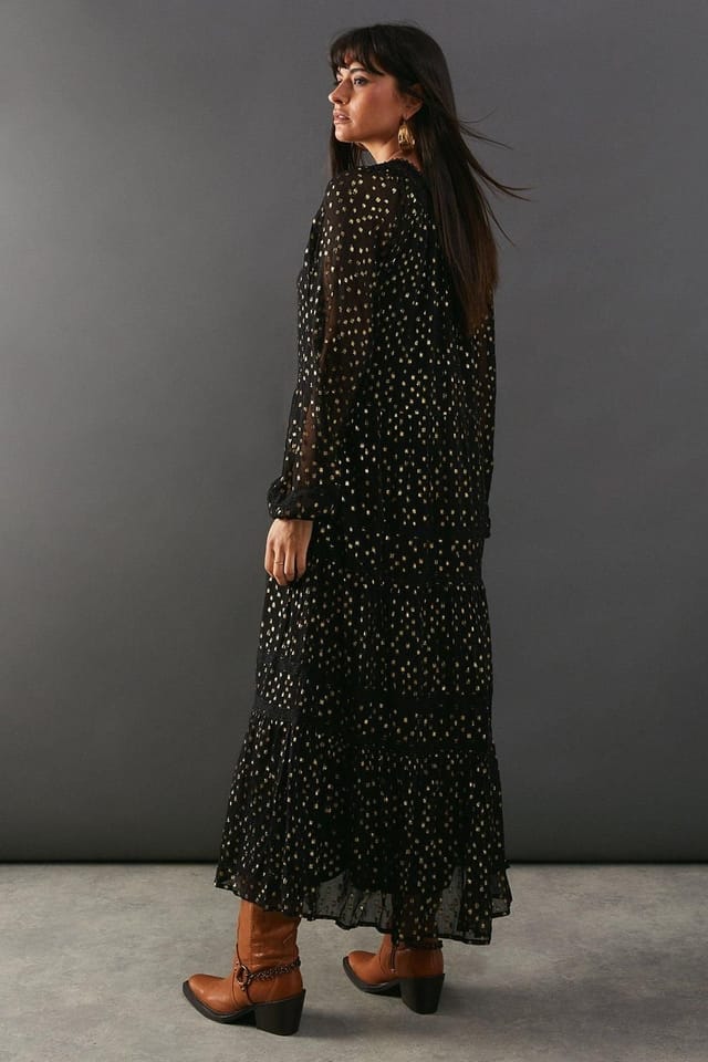Warehouse Warehouse Women's Metallic Jacquard Dobby Lace Insert Midi Smock Dress in Black - 3
