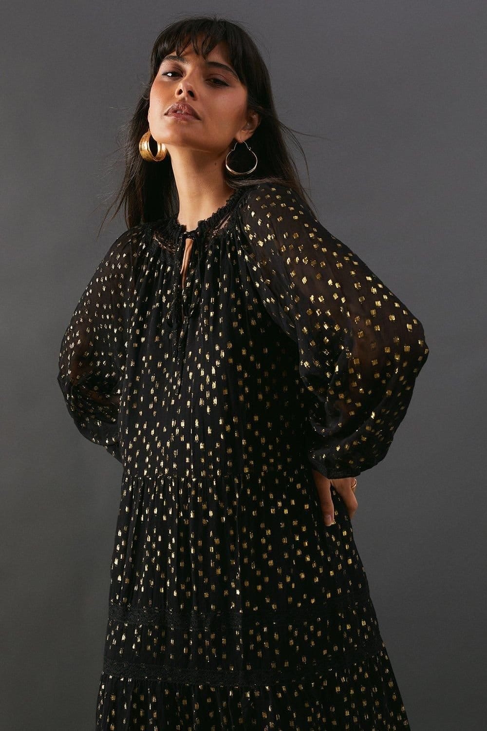 Warehouse Warehouse Women's Metallic Jacquard Dobby Lace Insert Midi Smock Dress in Black - 4