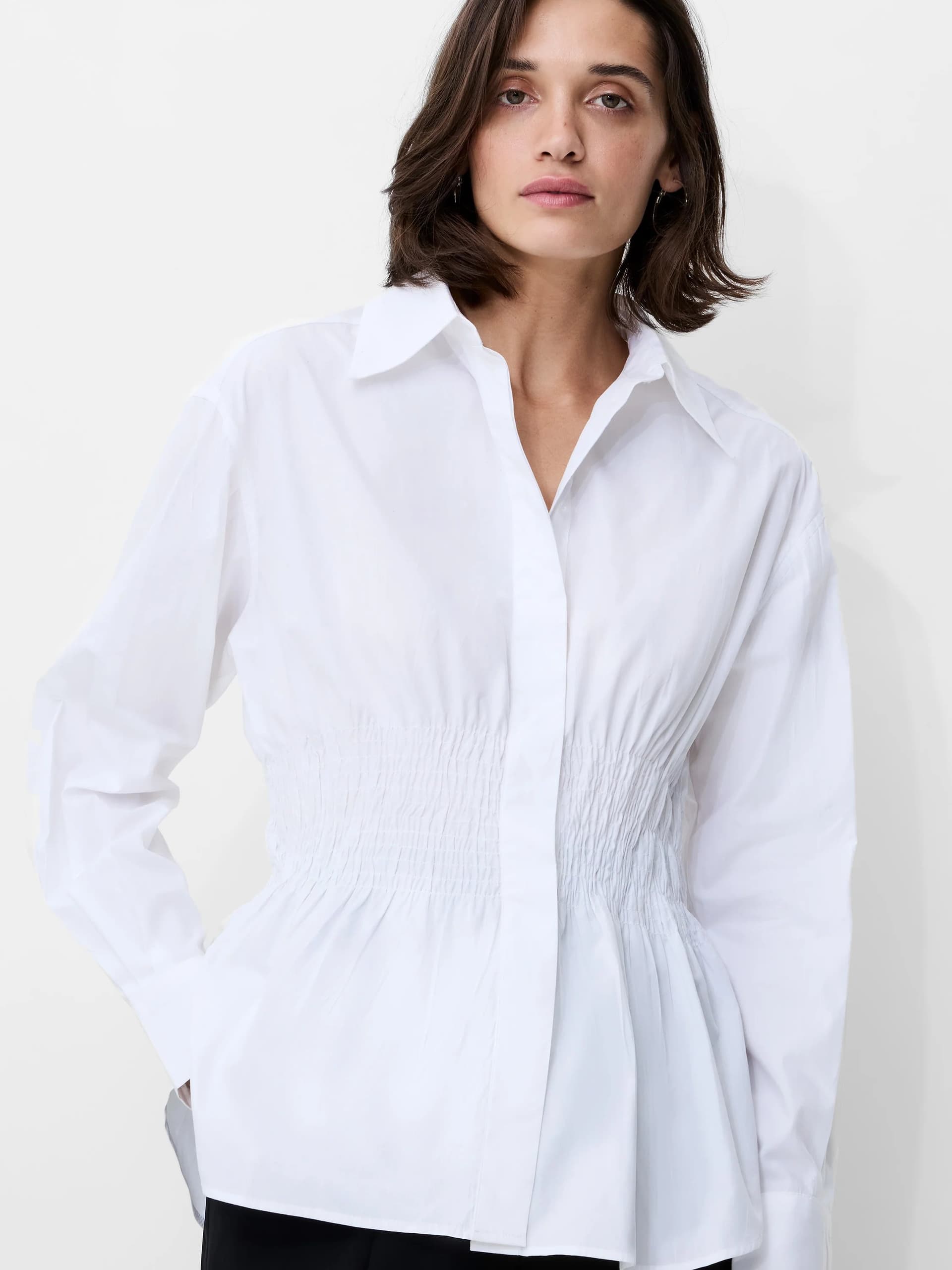 French Connection Cambria White Cotton Smocked Waist Shirt Linen White