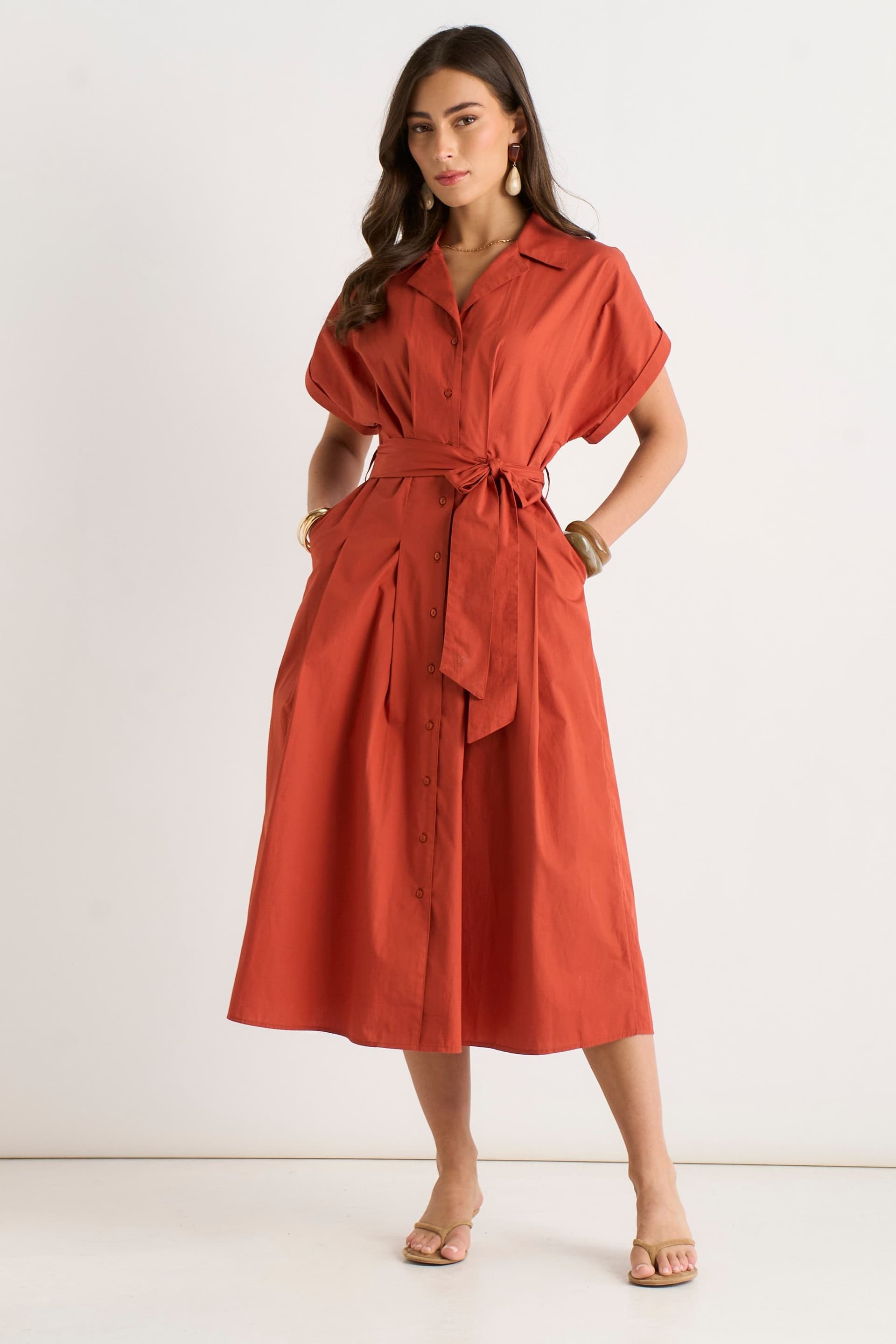 Gini London Gini London Women's Rust Cotton Button Through Belted Shirt Dress in Orange