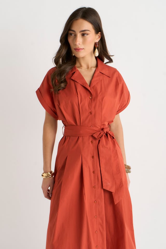 Gini London Gini London Women's Rust Cotton Button Through Belted Shirt Dress in Orange - 2