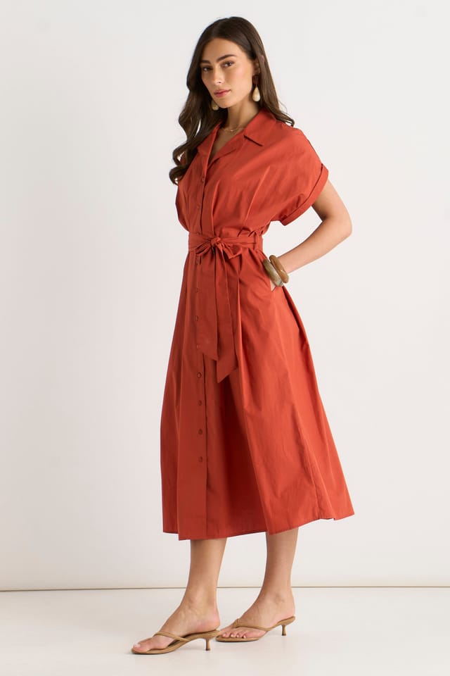 Gini London Gini London Women's Rust Cotton Button Through Belted Shirt Dress in Orange - 3