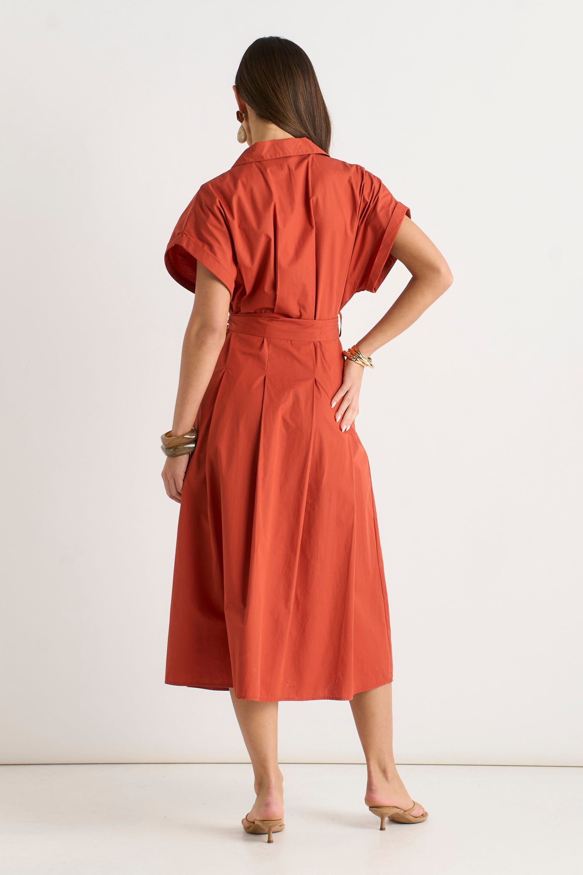 Gini London Gini London Women's Rust Cotton Button Through Belted Shirt Dress in Orange - 4