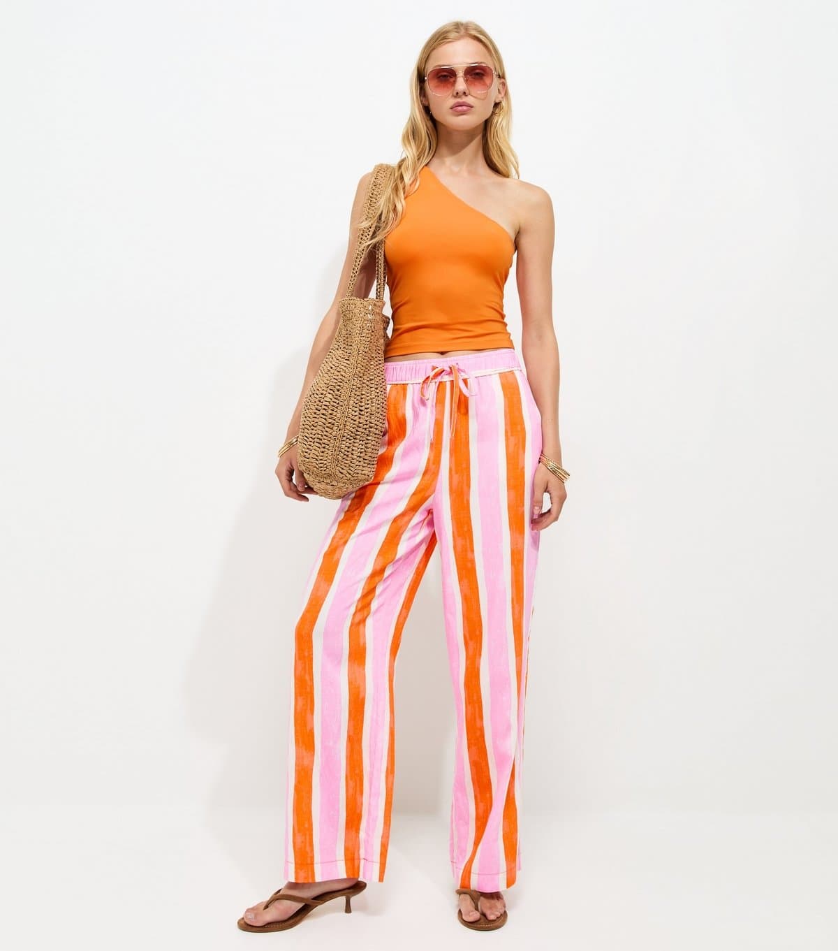 New Look Women's Pink & Orange Stripe Goya Wide Leg Trousers New Look