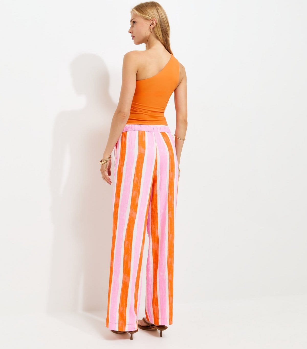 New Look Women's Pink & Orange Stripe Goya Wide Leg Trousers New Look - 4