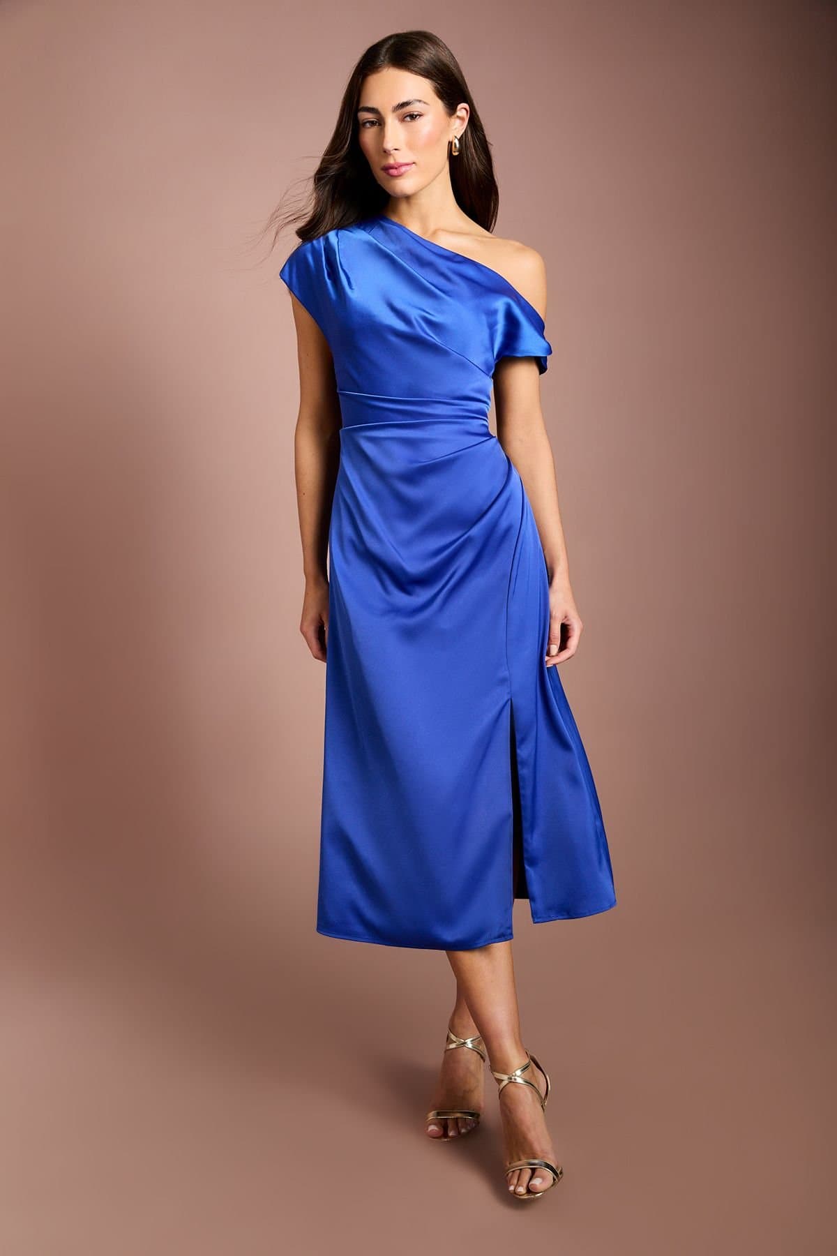 Coast Coast Women's Off Shoulder Satin Side Tie Midi Dress in Cobalt