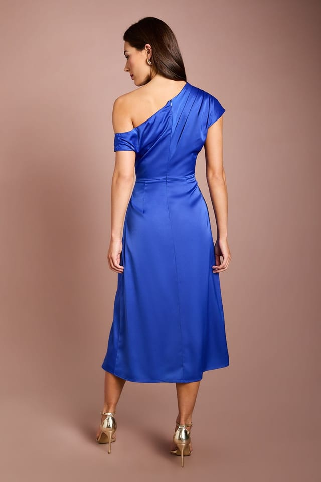 Coast Coast Women's Off Shoulder Satin Side Tie Midi Dress in Cobalt - 3