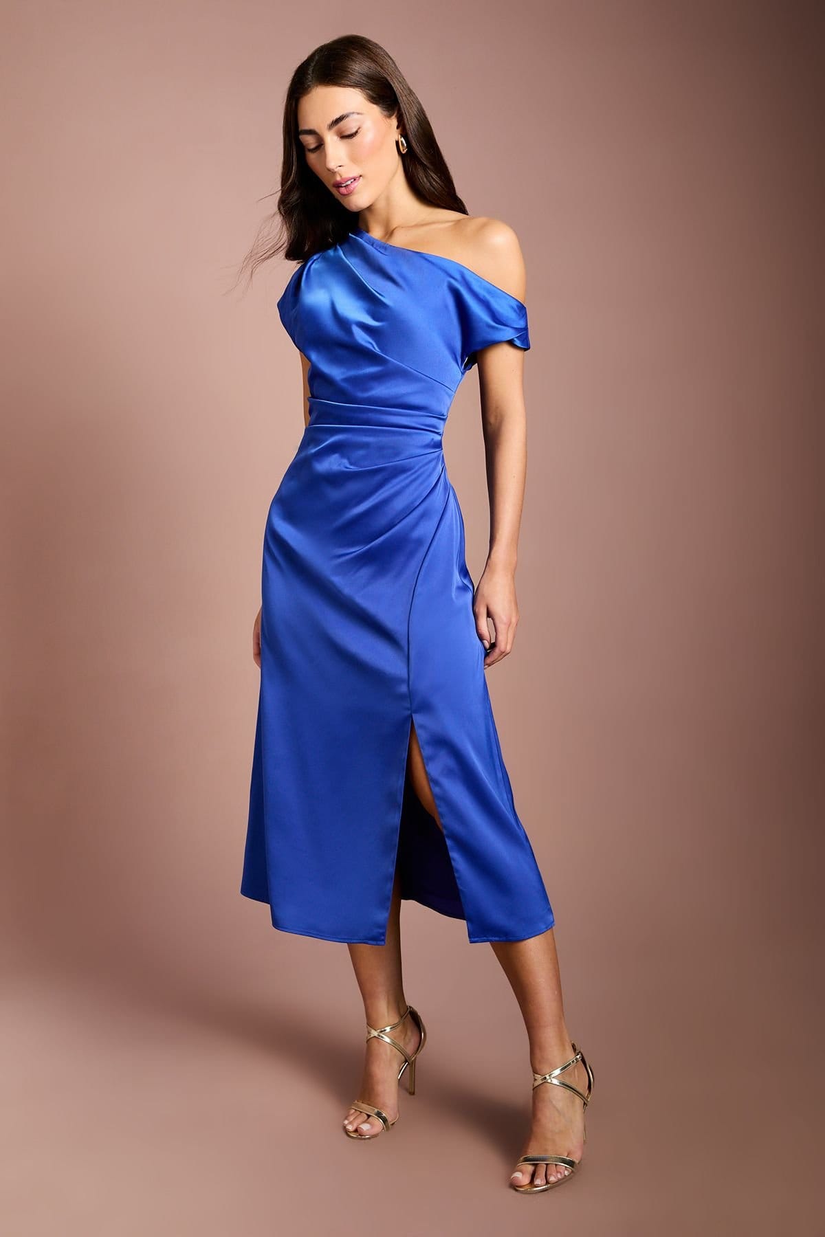 Coast Coast Women's Off Shoulder Satin Side Tie Midi Dress in Cobalt - 4
