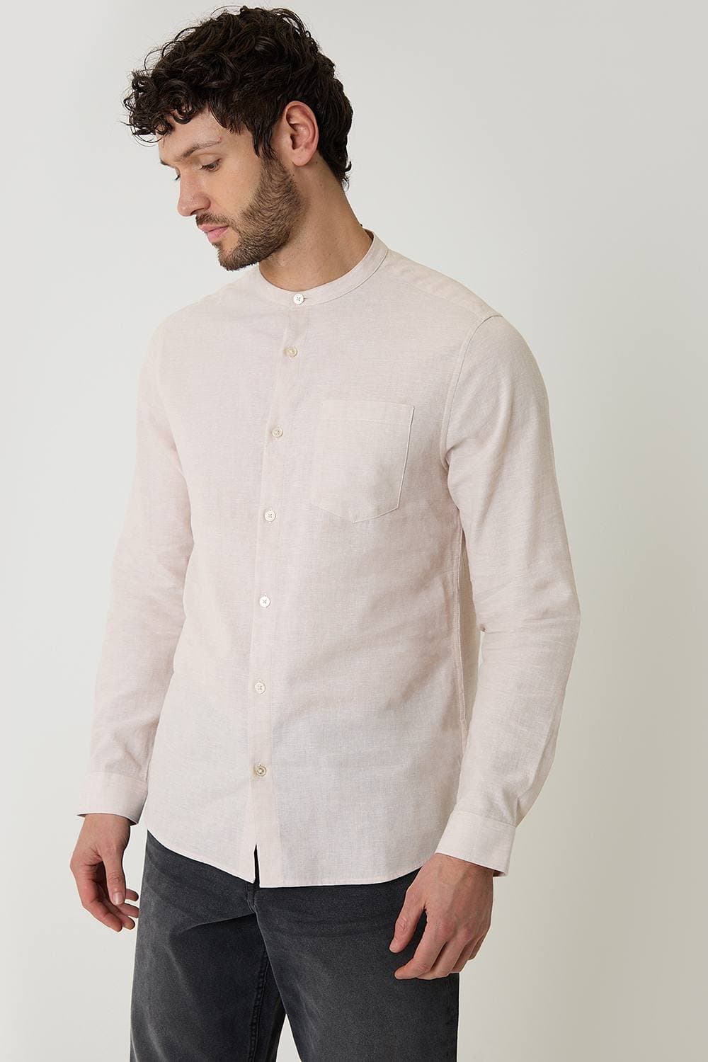 Threadbare Threadbare Men's Linen Blend Long Sleeve Grandad Collar Shirt in Light Stone