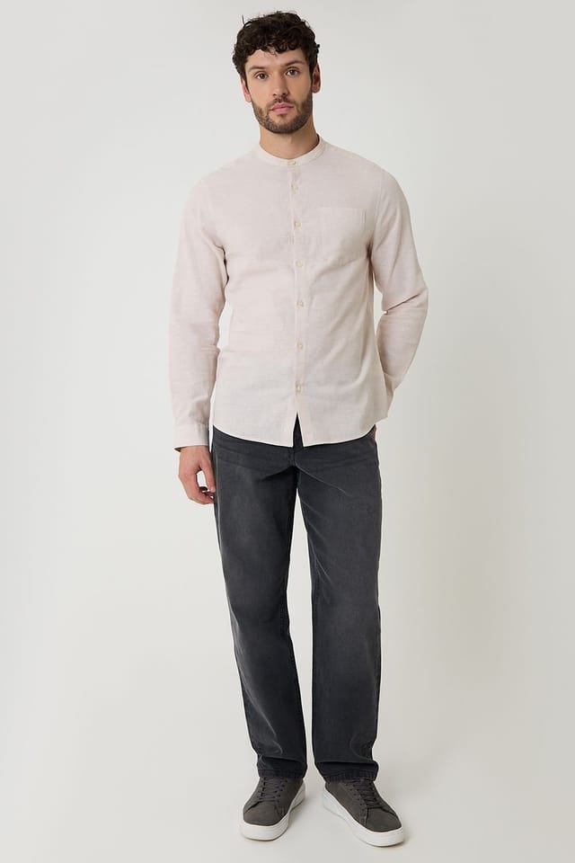 Threadbare Threadbare Men's Linen Blend Long Sleeve Grandad Collar Shirt in Light Stone - 3