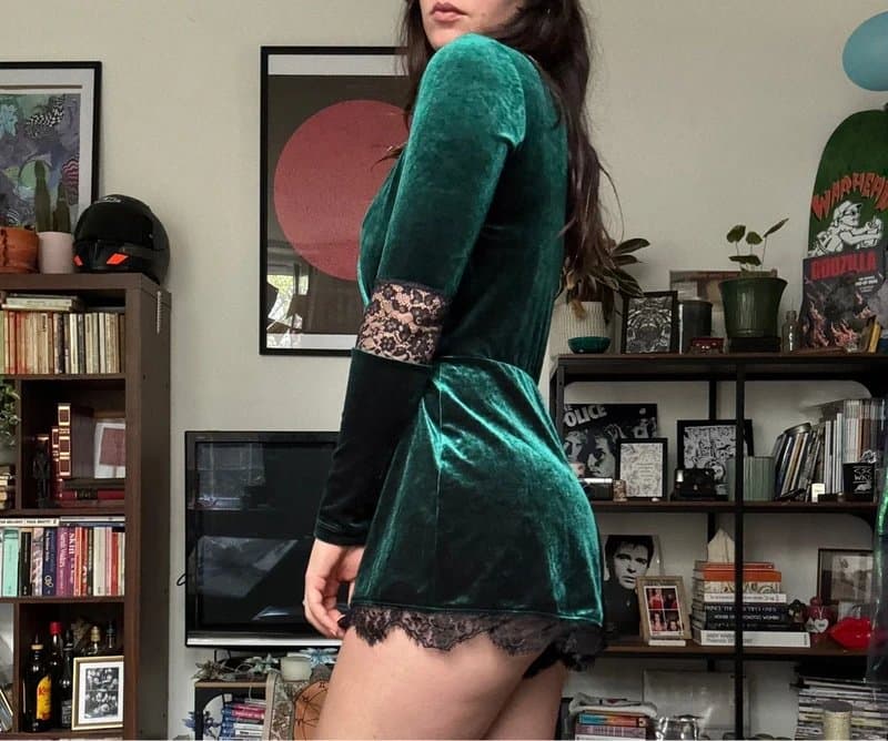 Topshop Gorgeous green velvet playsuit with lace inserts and hem