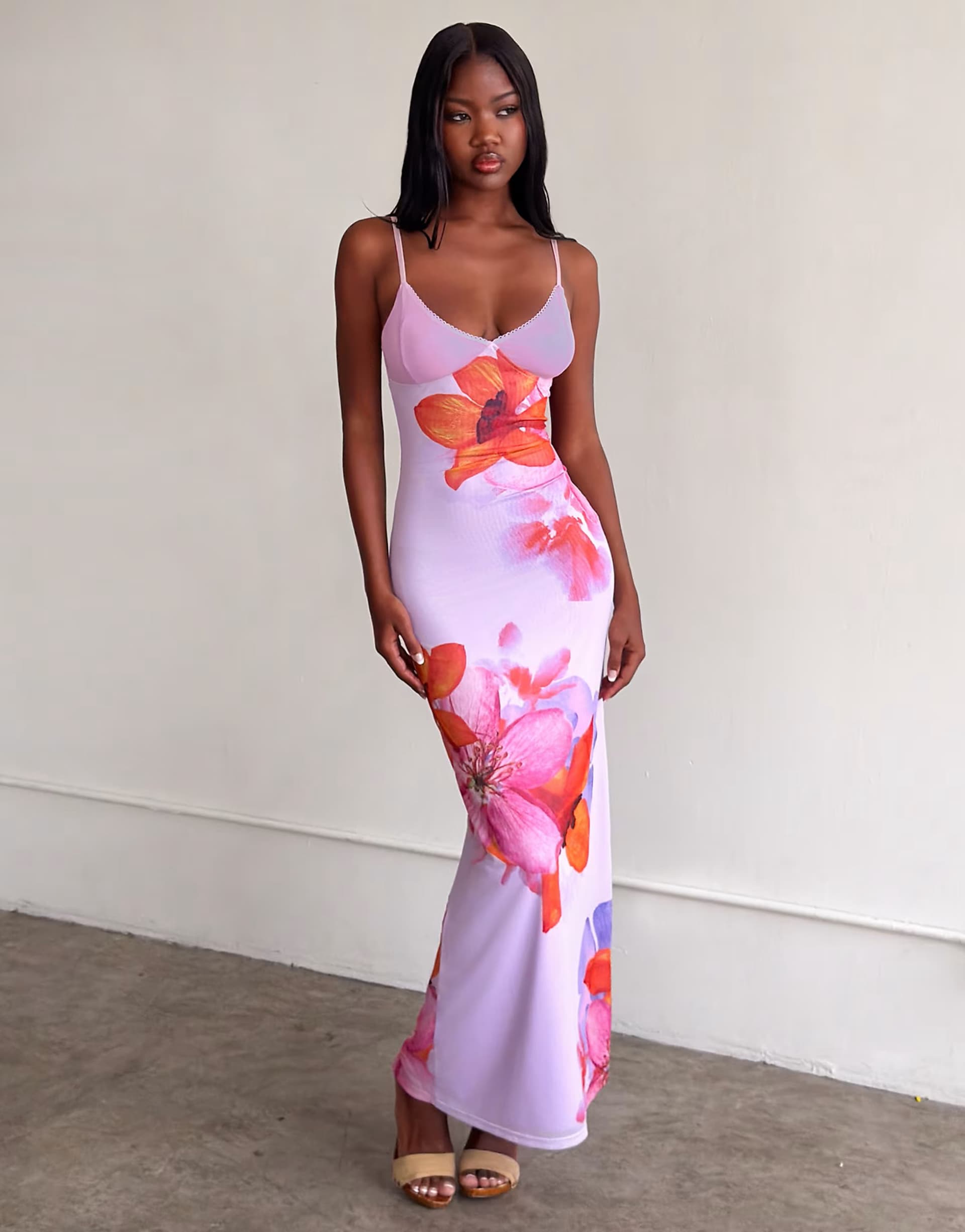 ASOS Tiger Mist Alaina cami slinky mesh maxi dress in lilac floral