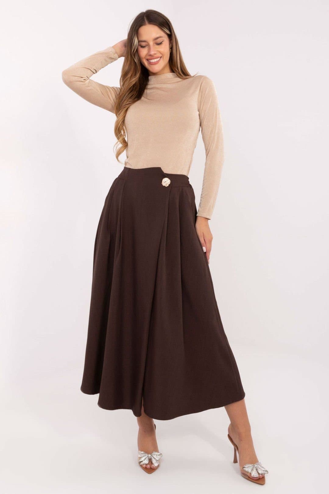 Love Lace Love Lace Brown Polyester/Elastane Pleated Midi Skirt