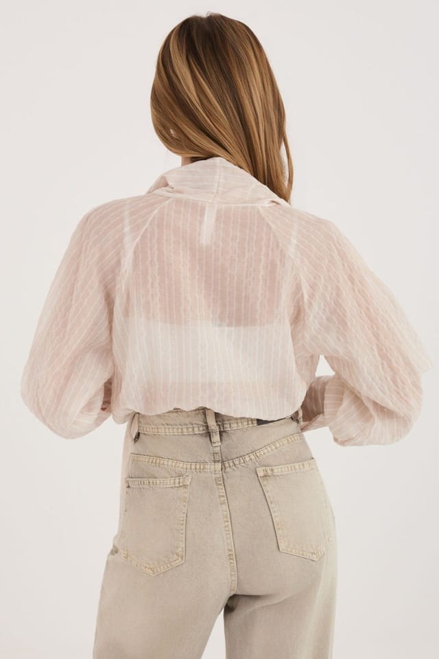 Love Lace Love Lace Women's Stripe Bow Neck Puff Sleeve Long Sleeve Shirt in Beige - 3