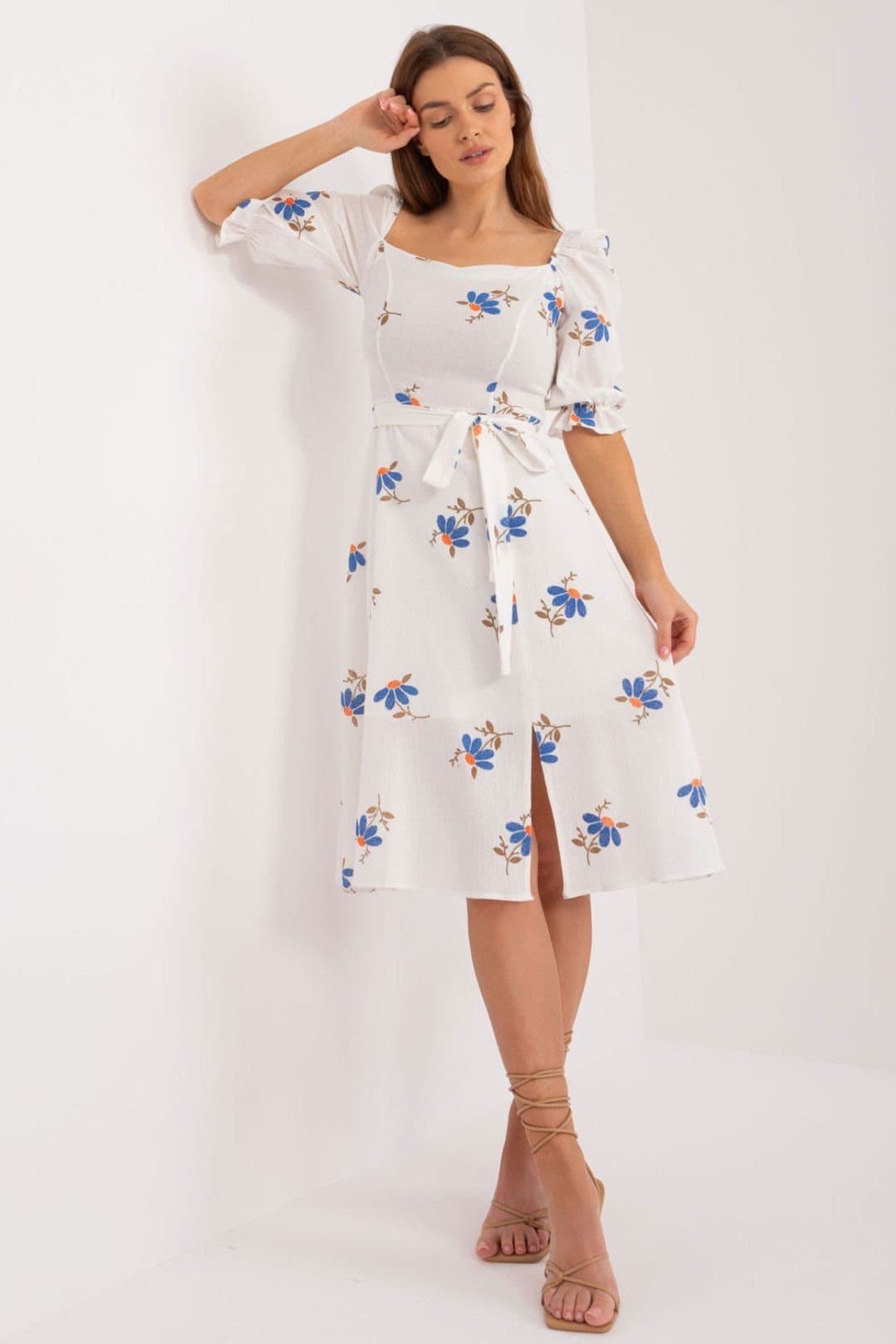 Love Lace Love Lace Women's Floral Midi Day Dress with Tie Belt in White