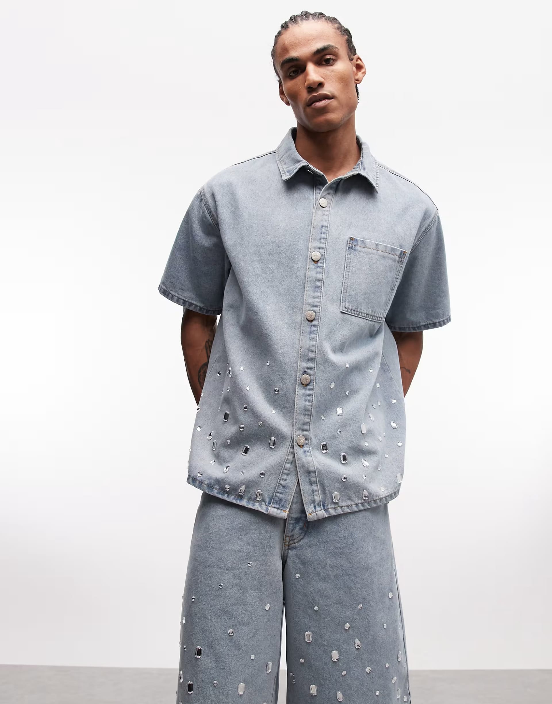 ASOS Light Wash Blue Rhinestone Denim Shirt Co-ord