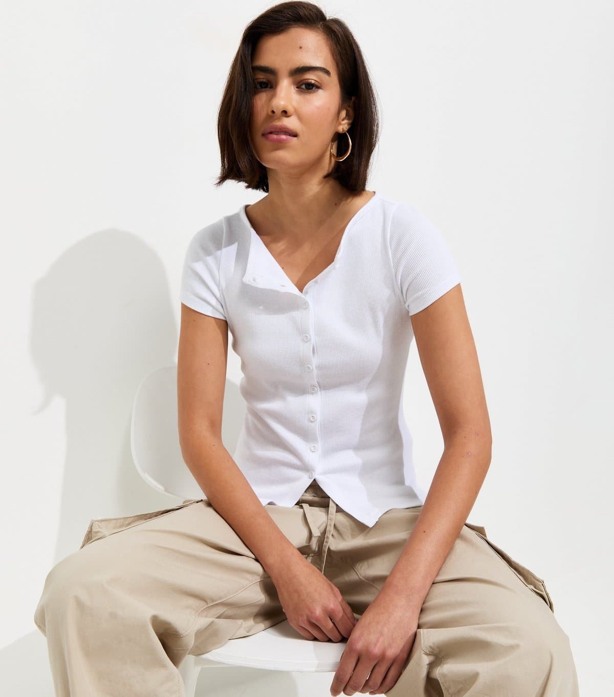 New Look New Look White Cotton-Rich Rib Jersey Button-Through Baby Tee