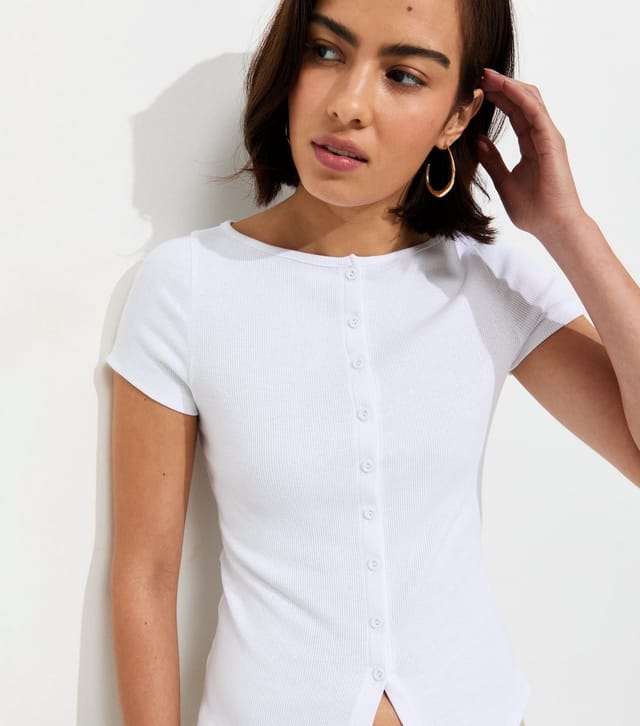 New Look Women's White Cotton Rich Button Through Baby Tee T-Shirt New Look - 2