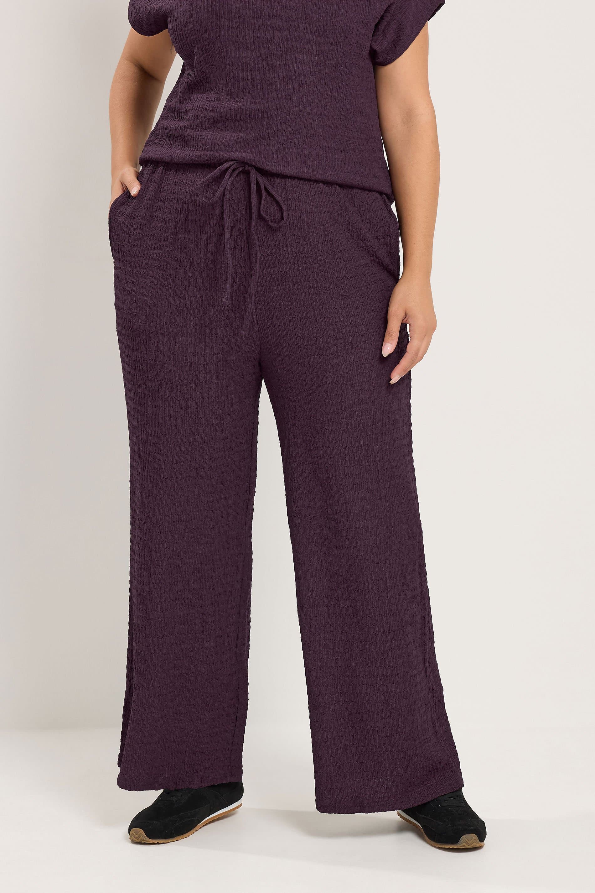 Yours Plus Size Purple Wide Leg Crinkle Trousers