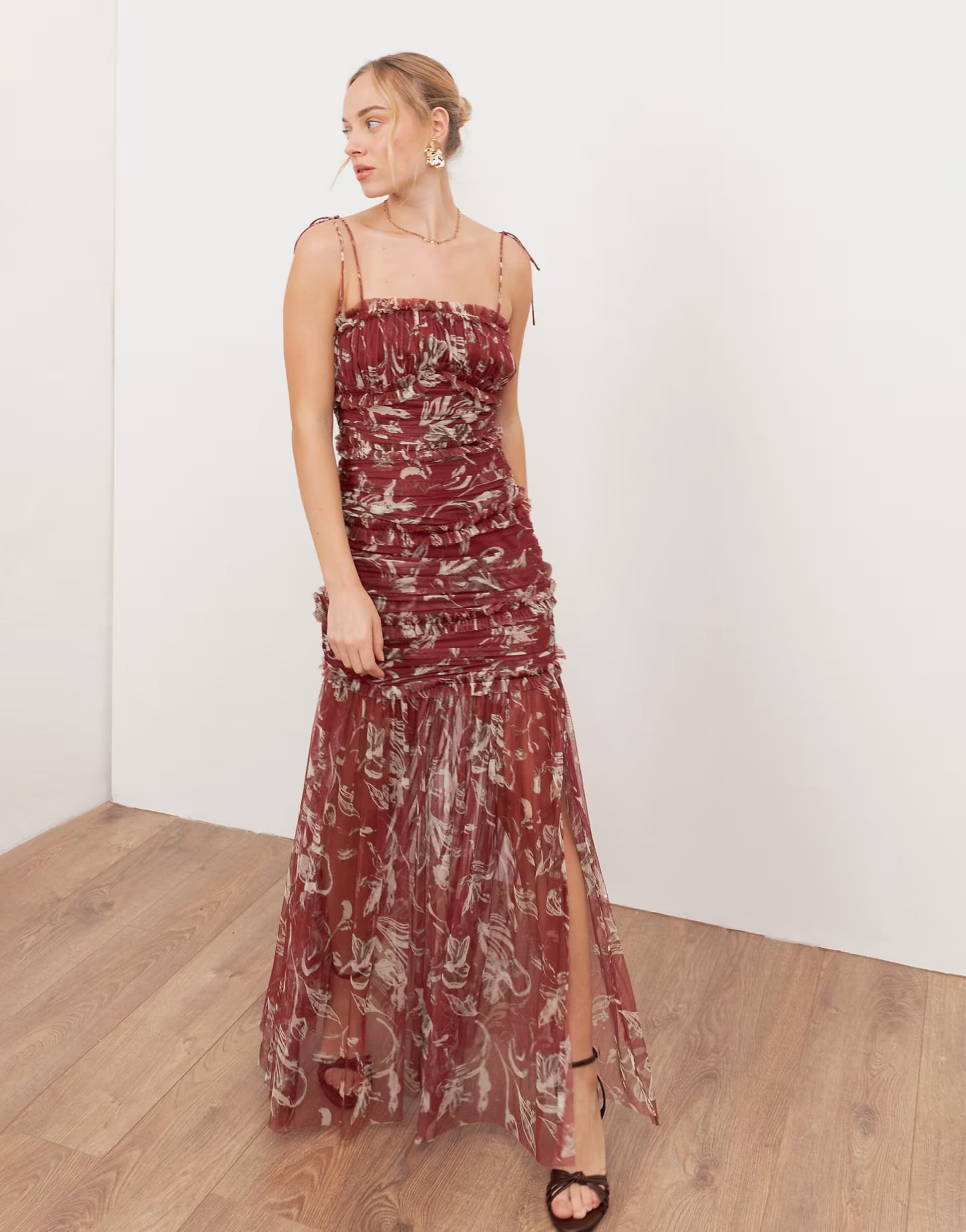 ASOS Anaya Floral square neck ruched maxi dress in rust