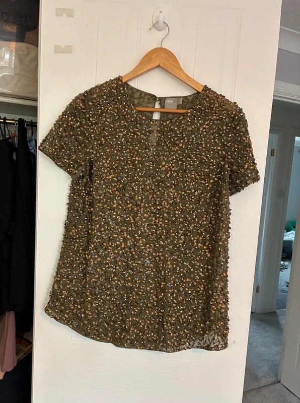 ASOS Khaki & Gold Sequin Blouse - Size 10